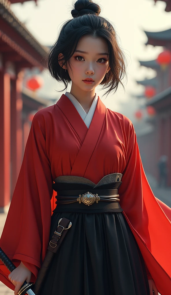 Samurai girl, short black hair tied back, wearing Japanese red kimono and black hakama, two Japanese swords across her waist, ((masterpiece, highest quality, Highest image quality, High resolution, photorealistic, Raw photo, 8K)), ((Extremely detailed CG unified 8k wallpaper)), (huge stunning goddess shot, very hot and sexy, jaw-dropping beauty, perfect proportions, beautiful body, slim body beauty:1.4),