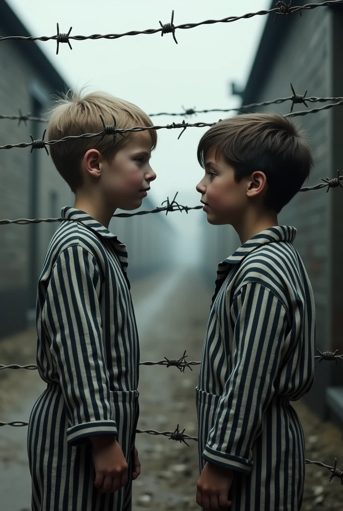 Make me a picture about the movie The Boy in the Striped Pajamas. Put striped pajamas on both children.