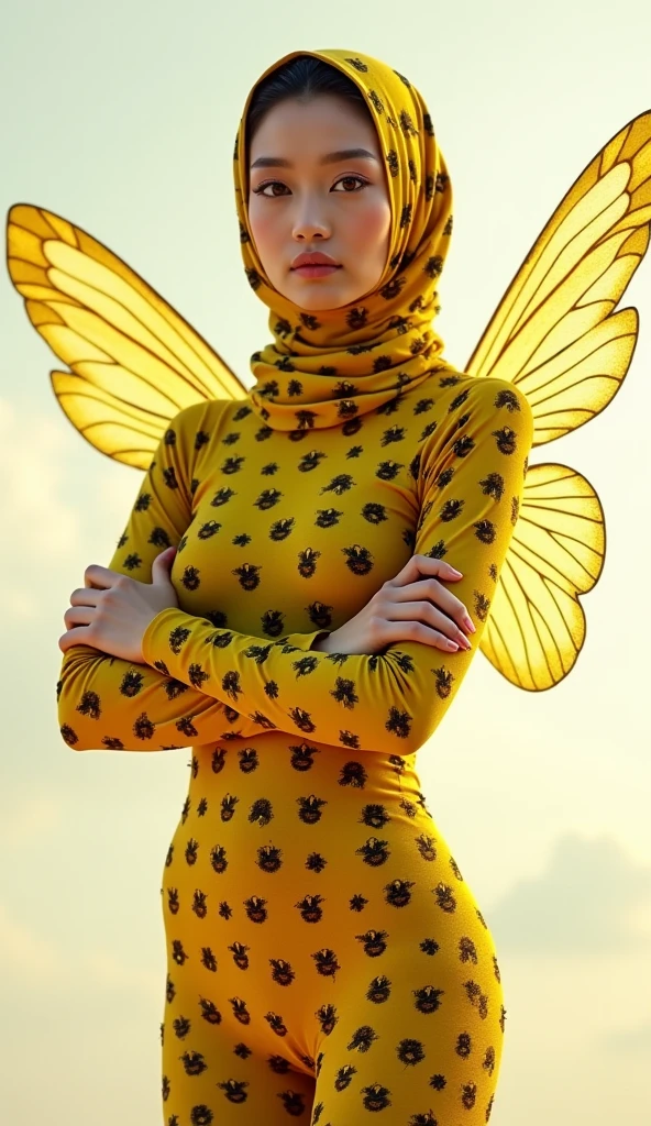 a beautiful and thin malaysian asian muslim adult girl with a shiny and beautiful face wears yellow bee lycra turtleneck unitard catsuit covered with black stripes with a pair of wings and always wear bee lycra dancewear hijab covered with black stripes.She is buzzing.