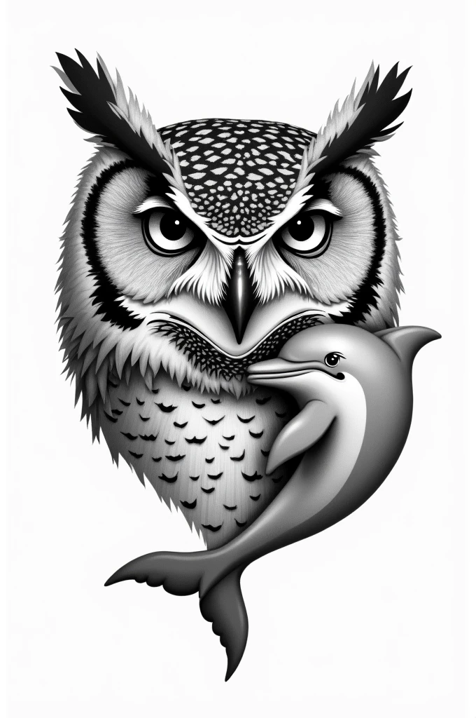 "Create a black and white tattoo design that combines the faces of an owl and a dolphin. The design should merge these two animals in a harmonious way, symbolizing the bond between two brothers. The owl and dolphin should be integrated to highlight their unique features while representing the connection and unity between the siblings."