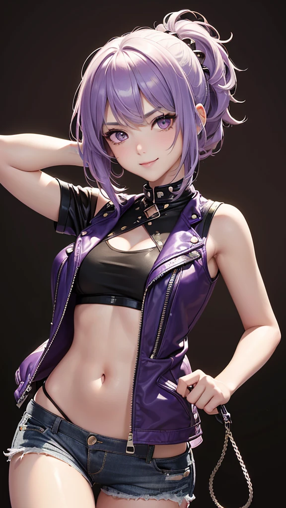 Best Quality,High resolution,8k,(plain white background, no patterns, no textures, just a plain white background:1.3),Masterpiece:1.2),beautiful girl,Big Breasts,(Glossy, deep purple hair:1.3),bob cut,Beautiful purple eyes,A girl wearing a black leather jacket with metal studs, ripped jeans, and a band T-shirt, embodying a rebellious punk rock style,Gentle look,A refreshing look,smile,Best quality,Best Quality,Aesthetic and aesthetic:1.2,Best details((Super detailed))(High-definition CG illustrations),Slender body,smile,blush,cute,Scrounge,Looking up,Being spoiled