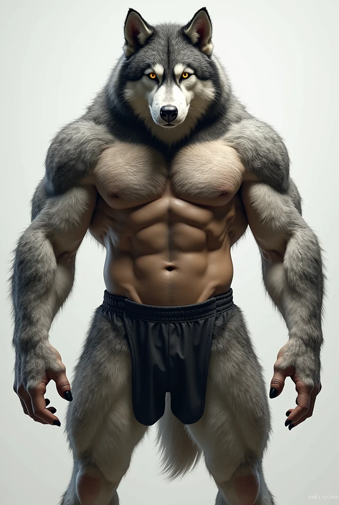 (photorealism:1.2), Alpha Fenrir, 10 foot humanoid husky, no shoes, of shirt, wearing boxer underwear, yellow eyes, muscular built, abs,