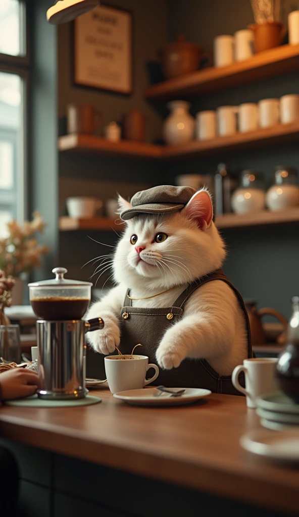 Photorealistic, 64K, newspaper photo\(A chubby cat working as a barista in a cozy café, making coffee and serving customers with a tiny apron and hat\), perfect fingers