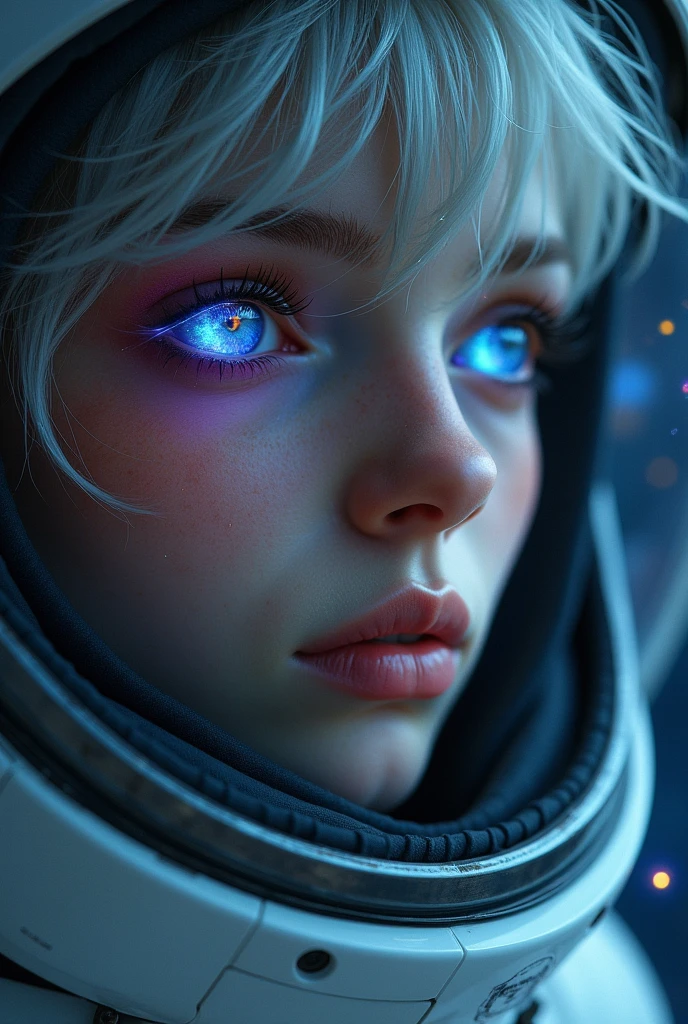 (Close-up of a better masterpiece:1.5)0.9], (Space and astronauts:1.2) (Messy silver hair:1.1) (Heterochromia xanthochromia and blue eyes:1.2) (Space Helmet:1.0) (Colored stars in the eyes:1.0) (A radiant glow:1.1) (thick lips:0.9)