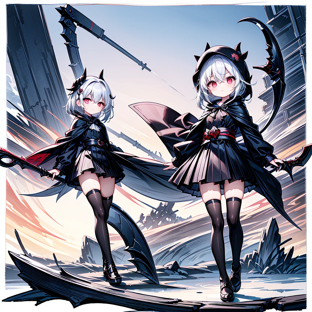 The cover image of the manga, Gray Grim Reaper Scythe, features a cute girl with waist-length white hair and ruby red eyes, standing in a beautiful pose holding a scythe The sickle has a single black handle.