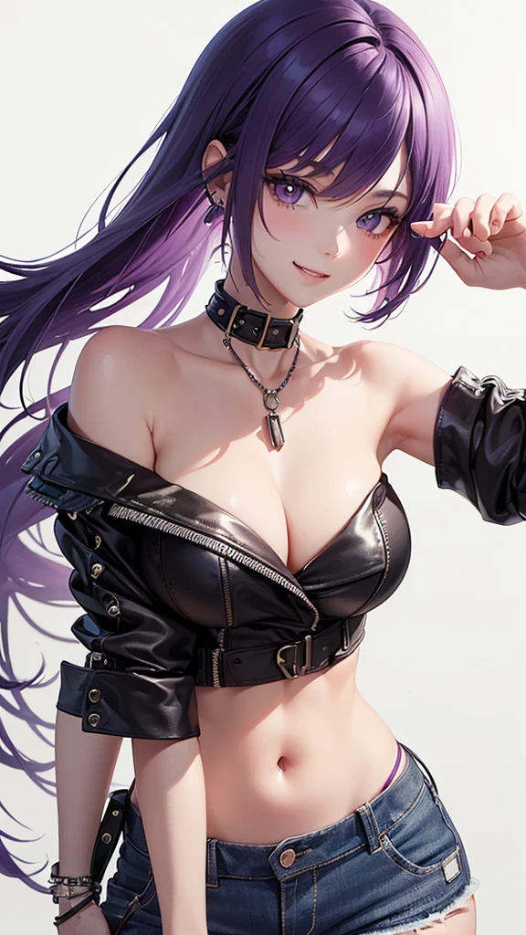 Best Quality,High resolution,8k,(plain white background, no patterns, no textures, just a plain white background:1.3),Masterpiece:1.2),beautiful girl,Big Breasts,(Glossy, deep purple hair:1.3),bob cut,Beautiful purple eyes,A girl wearing a black leather jacket with metal studs, ripped jeans, and a band T-shirt, embodying a rebellious punk rock style,Gentle look,A refreshing look,smile,Best quality,Best Quality,Aesthetic and aesthetic:1.2,Best details((Super detailed))(High-definition CG illustrations),Slender body,smile,blush,cute,Scrounge,Looking up,Being spoiled,super model