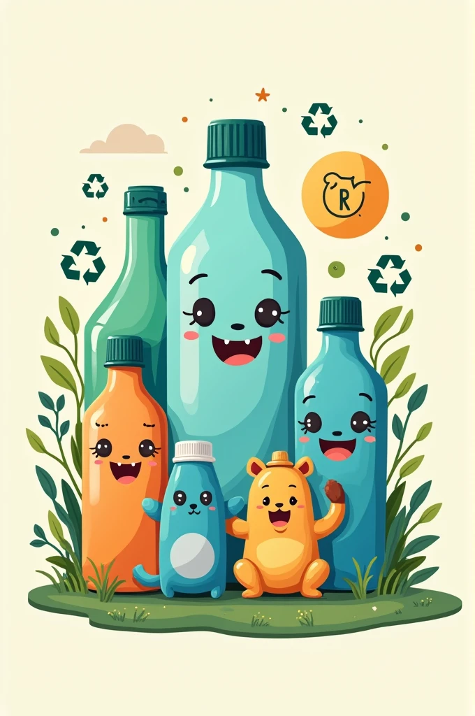Create a logo for a PET plastic bottle recycling company called RECIBOTELLITAS, must have bottles and recycling logos. The logo must be a cartoon type. The image must be vertical.