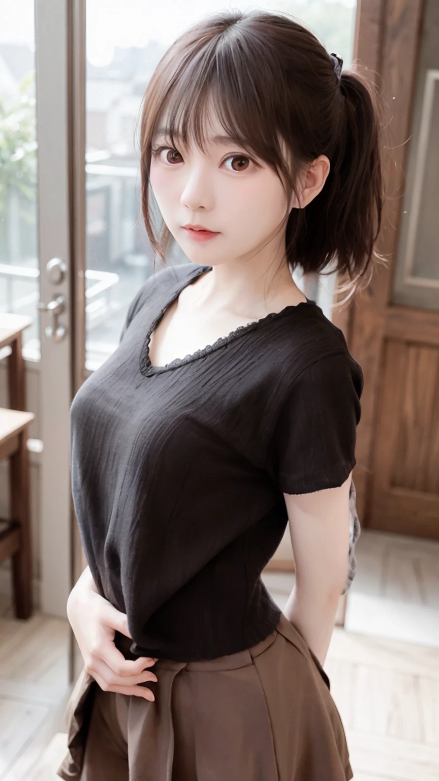 A super cute tsundere girl、Waist size is 21 inches、A bold gesture of begging for romantic feelings、Big breasts super skin-tight motion、A cute pleated skirt with an ultra-thin waist、Cute oversized shirt、A secret place out of sight、The highest standard of ultra-high definition full-body photos、(Small face)、No makeup、Sexy lips、Chignon hairstyle、