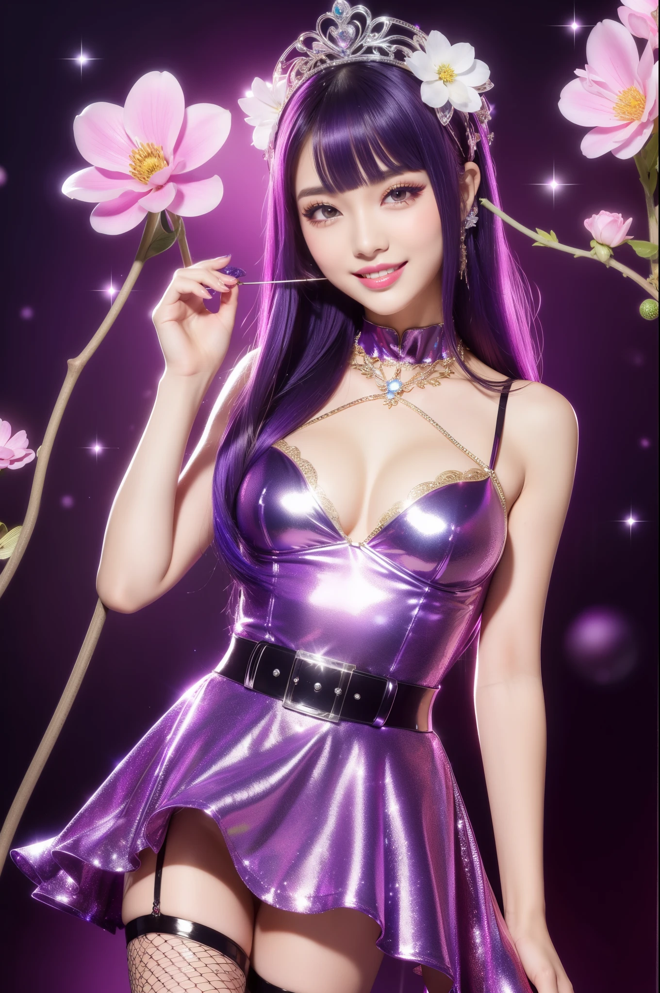 beautiful sexy model who controls poison、beautiful smile、lip-gloss、long lashes、metallic makeup、look at the camera、full body Esbian、、sparkling poisoned flower costume、、、、shiny sparkling multicolor hair、secrete poison、skull hair accessories、fishnet tights、shiny sparkling flowers background