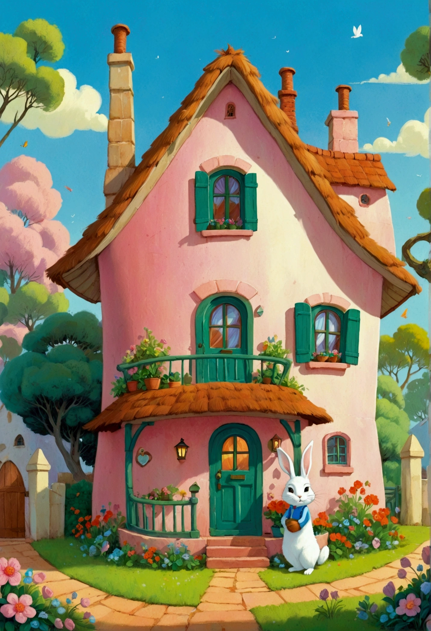 cartoon illustration of a house with a rabbit on top of it, rounded house and cute character, cute detailed digital art, cute storybook illustration, house background, cute anthropomorphic bunny, hiding in the rooftops, sweet home, little cottage, the rabbit has pink fur, cozy home background, hand painted cartoon art style, cute detailed artwork, ghibli studio style