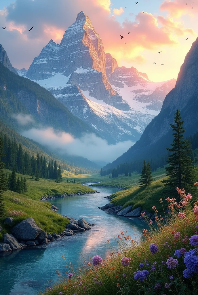 "Create a breathtaking 4K image of a serene mountain landscape at sunrise. The scene features towering snow-capped peaks bathed in a golden glow, with lush green valleys below. A crystal-clear river winds through the valley, reflecting the vibrant colors of the sky. The foreground has wildflowers in full bloom, adding bursts of color. The sky is partly cloudy with soft pink and orange hues, and distant birds are soaring above. The image should capture the tranquility and majesty of untouched wilderness."