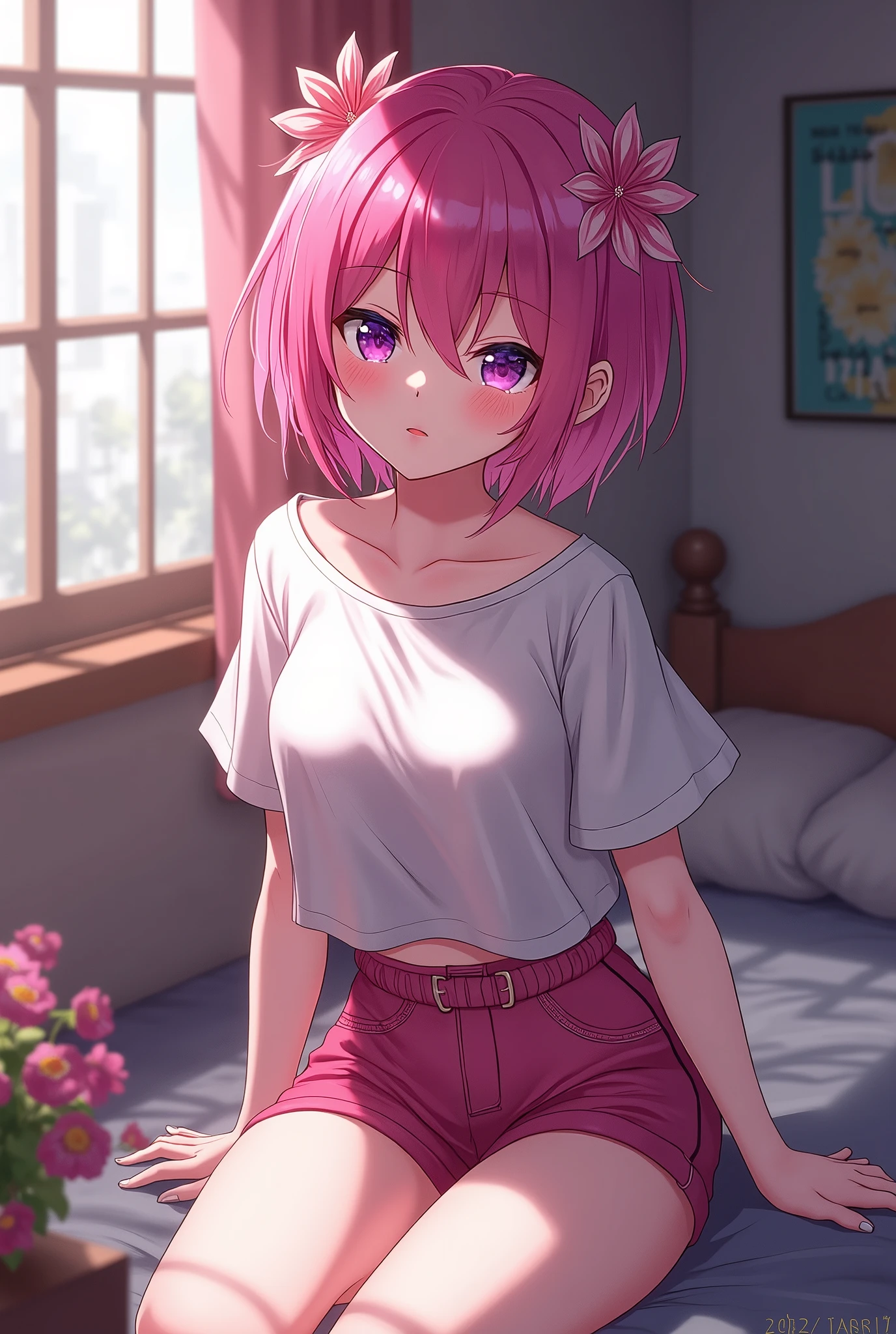 one person's, Momo Belia Deviluke,Pink Short Hair,Purple eyes,Floral Hair Accessories,shirt,Shorts,room,masterpiece, Highest quality, Absurd,
