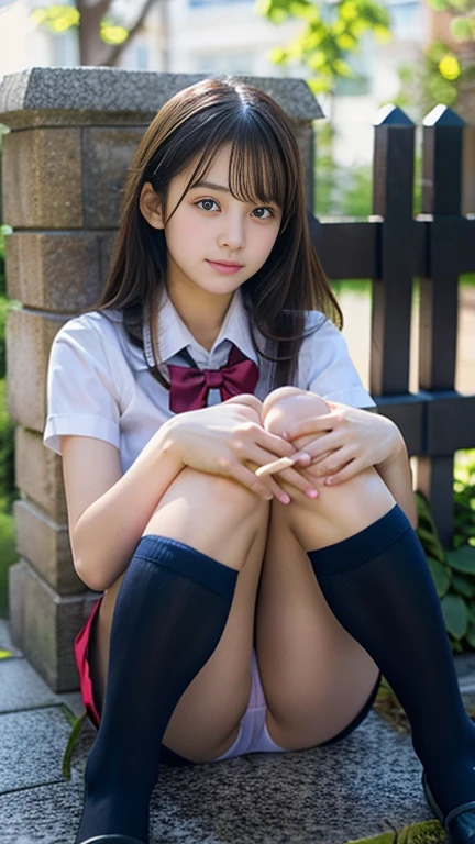 high school girl、Wear a uniform、Squat、panties