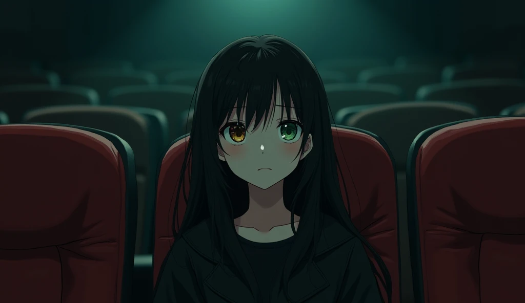 Anime 143 cm tall girl with long black hair with classic fringe bangs, sitting at a cinema with dim lighting, medium breast, wearing black long pants and a black jacket, The point of view is from the front, heterochromia; the right eye is brown and the left eyes are green, above left eyes is a thread of bangs colored green, blank stare, looking up, alone.