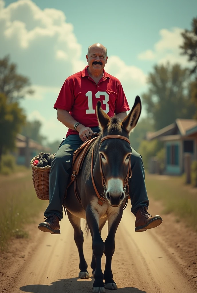 Create an image of a mayor with a red shirt with the number 13 on it, bald and with a mustache, leaving on a donkey with a saddle and a basket after having lost the election 
