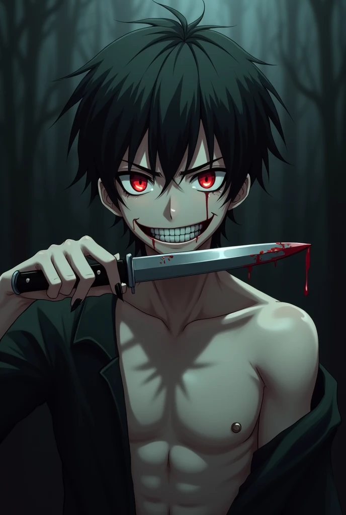 Anime man, holding a knife to his throat, evil smile, red eyes, short black hair, black painted nails, blood on his face, shirtless