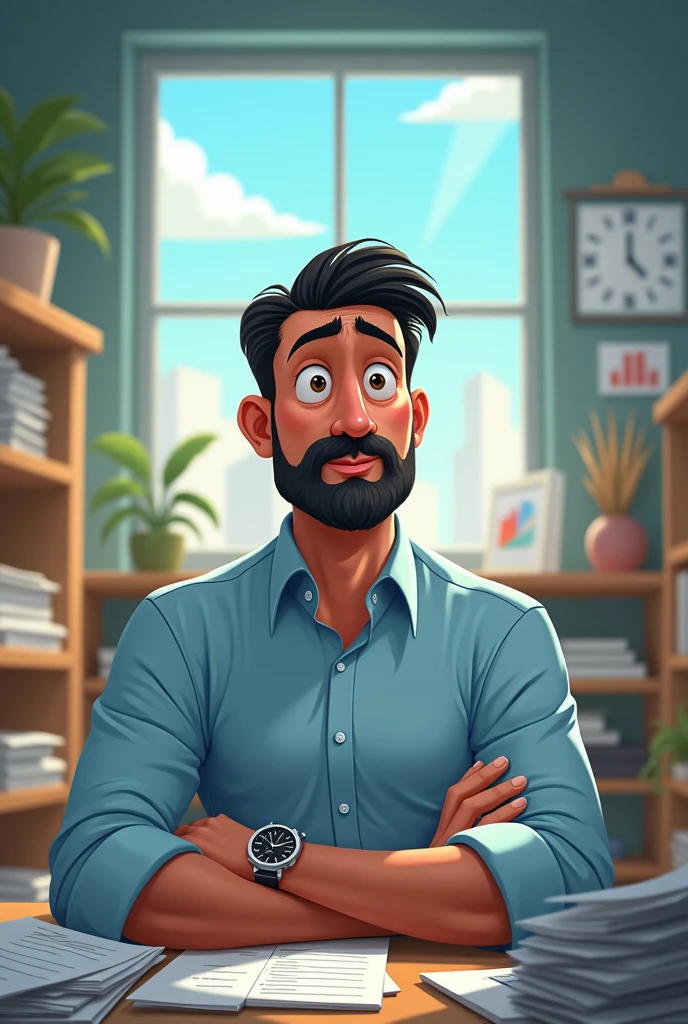 create the image of a man of average height, medium body, 40 year old businessman with a short black beard, worried face; dress with light blue dress shirt. In the background of the image, a business office ; Man must be surrounded by things, papers or people that indicate that the company has many defaulting customers .. The image must be in Disney or Pixar layout.