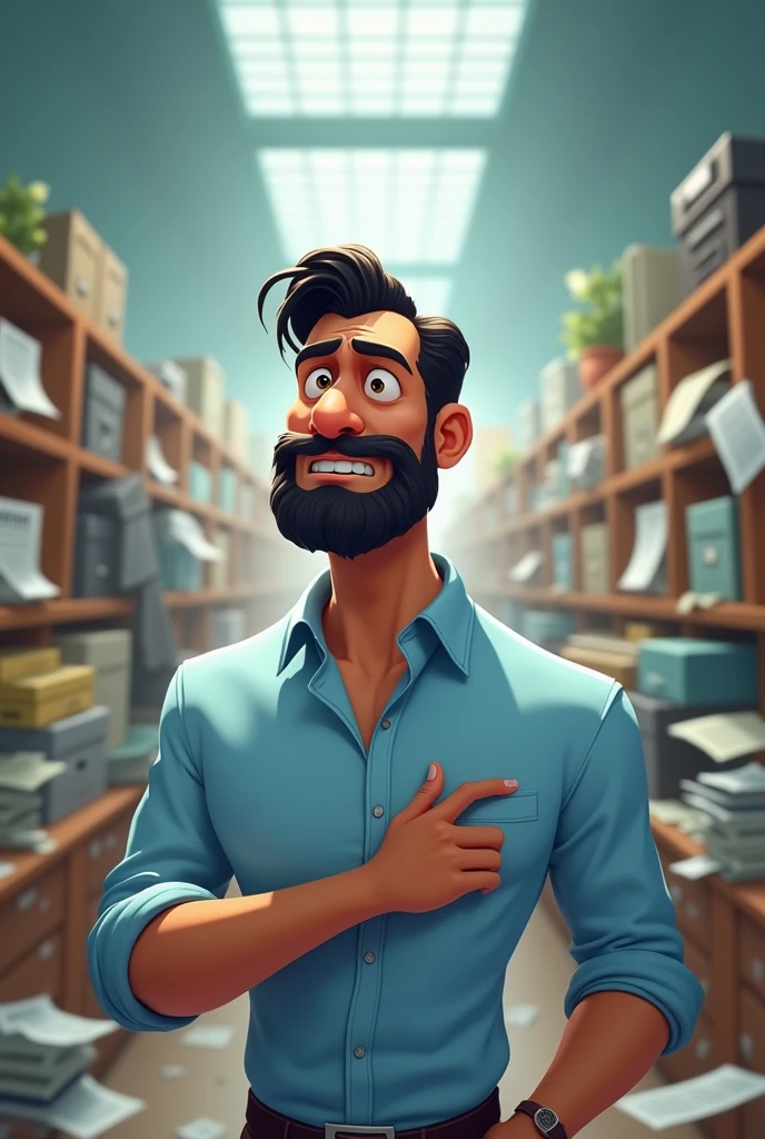 create the image of a man of average height, medium body, 40 year old businessman with a short black beard, worried face; dress with light blue dress shirt. In the background of the image, a business office ; Man must be surrounded by things, papers or people that indicate that the company has many defaulting customers .. The image must be in Disney or Pixar layout.