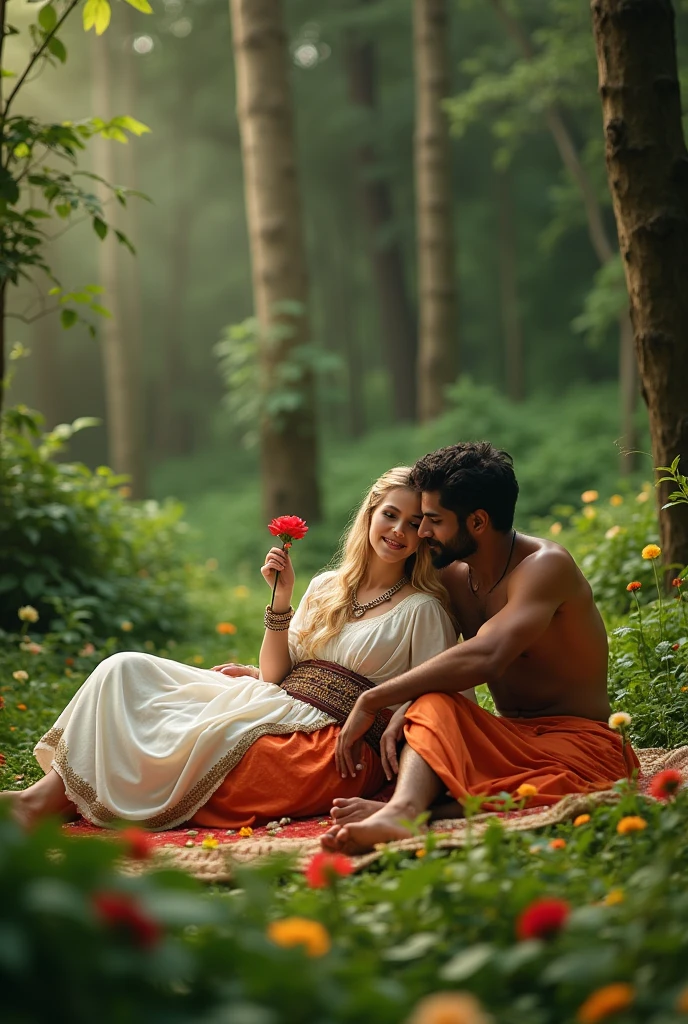 In a beautiful forest a 20 year old blonde Portuguese girl wearing ancient royal Portuguese traditional white and chocolaty clothes is seen lying down with a rose in her hand next to a 23 year old Indian guy who is wearing nothing but orange clothes and an Indian orange dhoti while the surrounding environment is very beautiful sharp picture quality ultra 8k realistic picture