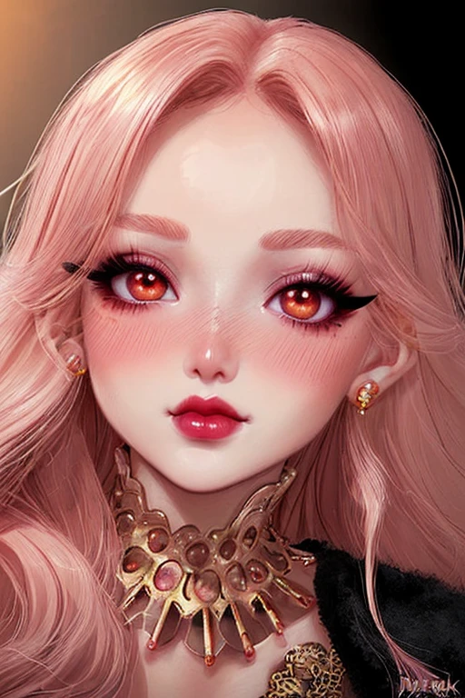 1 girl, close up shot, detailed face, cute face, peach skin tone, smooth skin, blush red cheeks and face, light smirk, long curly hair, attractive makeup, heavy makeup, long eyelashes, long eyeliner, excessive eye makeup, black smokey eyeshadow, heavy eyeshadow, glossy baby pink lipstick, glossy lips, heavy makeup, soft light