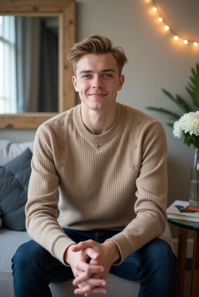 another A portrait photograph of a young man with light skin and short, styled blonde hair sitting on a light gray textured fabric sofa with visible horizontal stitching. He is wearing a light brown, ribbed knit long-sleeve sweater with a thick, textured pattern featuring a round neckline and ribbed cuffs. The sweater has a subtle V-shaped detail near the chest area and a slightly textured pattern on the shoulders and upper chest. Dark blue jeans with visible vertical stitching and a visible front pocket complete his outfit. He sits with his hands clasped together in front of him, his expression neutral as he looks directly at the camera with a slight smile. The lighting is soft and even, creating a warm and inviting atmosphere. In the background, there is a large mirror with a wooden frame, reflecting parts of the room including a window with closed gray curtains. To the right, a small round glass-top side table with a dark wooden frame holds a clear glass vase with white flowers and some books or small items. String lights with warm white bulbs are connected by dark brown wires, adding to the cozy ambiance and hanging across the upper right corner. The overall color palette includes shades of beige, brown, navy blue, and white, contributing to the neutral and balanced composition. The photograph is taken from a front angle, slightly to the left of the subject, with a shallow depth of field that keeps the focus on the man while softly blurring the background elements.