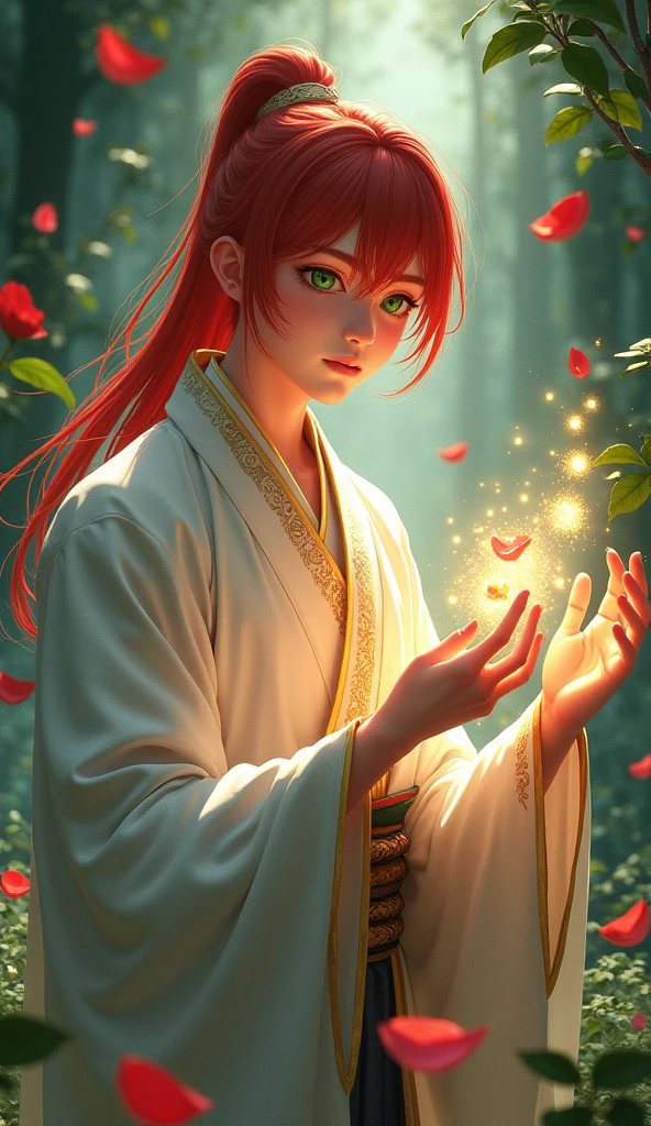 A young looking male character, with long, straight hair of vibrant red color, caindo suavemente sobre seus ombros. your face is delicate, with fine features and expressive emerald green eyes. He wears traditional Japanese clothing, a white kimono with gold details, que se ajusta perfeitamente ao seu corpo esguio. around him, there is a powerful aura of spiritual energy, manifested by red rose petals floating in the air, emanating a soft glow. Your hands are up, controlling thorny vines that emerge from the ground, ready to attack. The scenery in the background is a dense, dark forest., with mystical lights radiating around