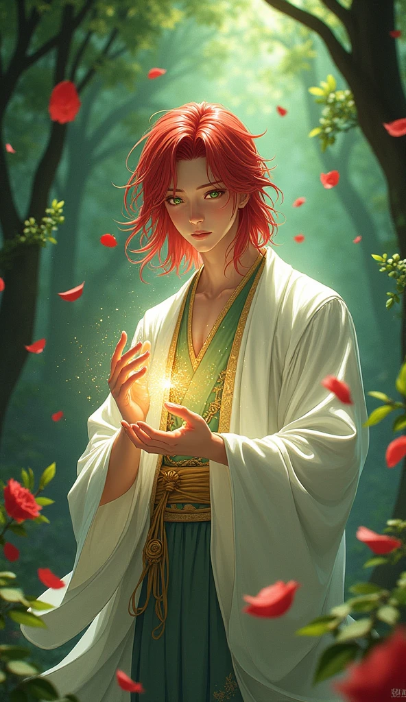 A young looking male character, with long, straight hair of vibrant red color, caindo suavemente sobre seus ombros. your face is delicate, with fine features and expressive emerald green eyes. He wears traditional Japanese clothing, a white kimono with gold details, que se ajusta perfeitamente ao seu corpo esguio. around him, there is a powerful aura of spiritual energy, manifested by red rose petals floating in the air, emanating a soft glow. Your hands are up, controlling thorny vines that emerge from the ground, ready to attack. The scenery in the background is a dense, dark forest., with mystical lights radiating around