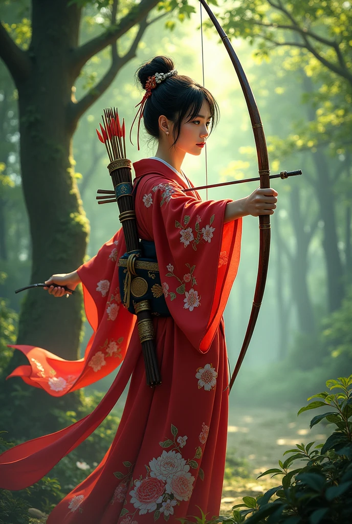 In the forest, a woman with an arrow in her right hand and a bow in her left hand is wearing a red kimono with a peony pattern, a thin obi, and a hair ornament called a kanzashi.