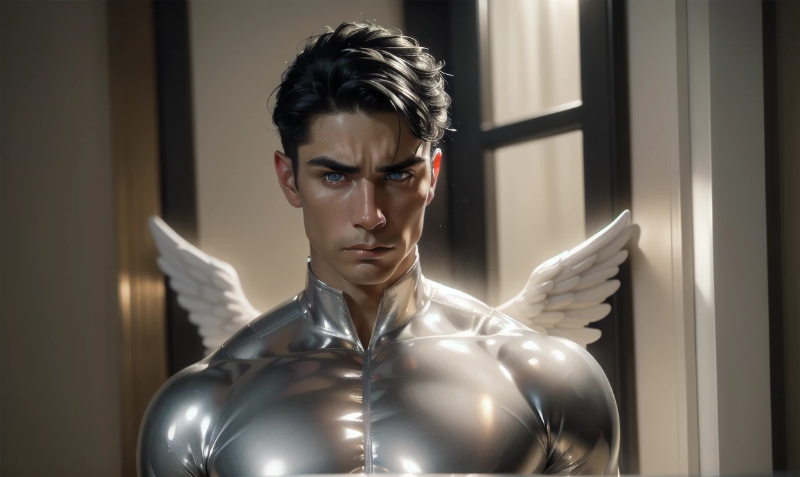 [((highly detailed, detailed eyes, detailed face, clear and realistic facial features, photorealistic, realistic light, cinematic, looking at you)), (1 man), (((((Gorgeous perfect sexy powerful masculine male angel))))), (((he has two grand silver angel wings sprouting out of his back))), ((((short sexy black hair)))), ((((pale silver eyes)))), ((3)), ((wearing flattering silver and white clothes)), (((aura of divine power))), standing in a cozy apartment at nighttime, ((light blush)), (((((wearing a clearly indignant expression)))))]