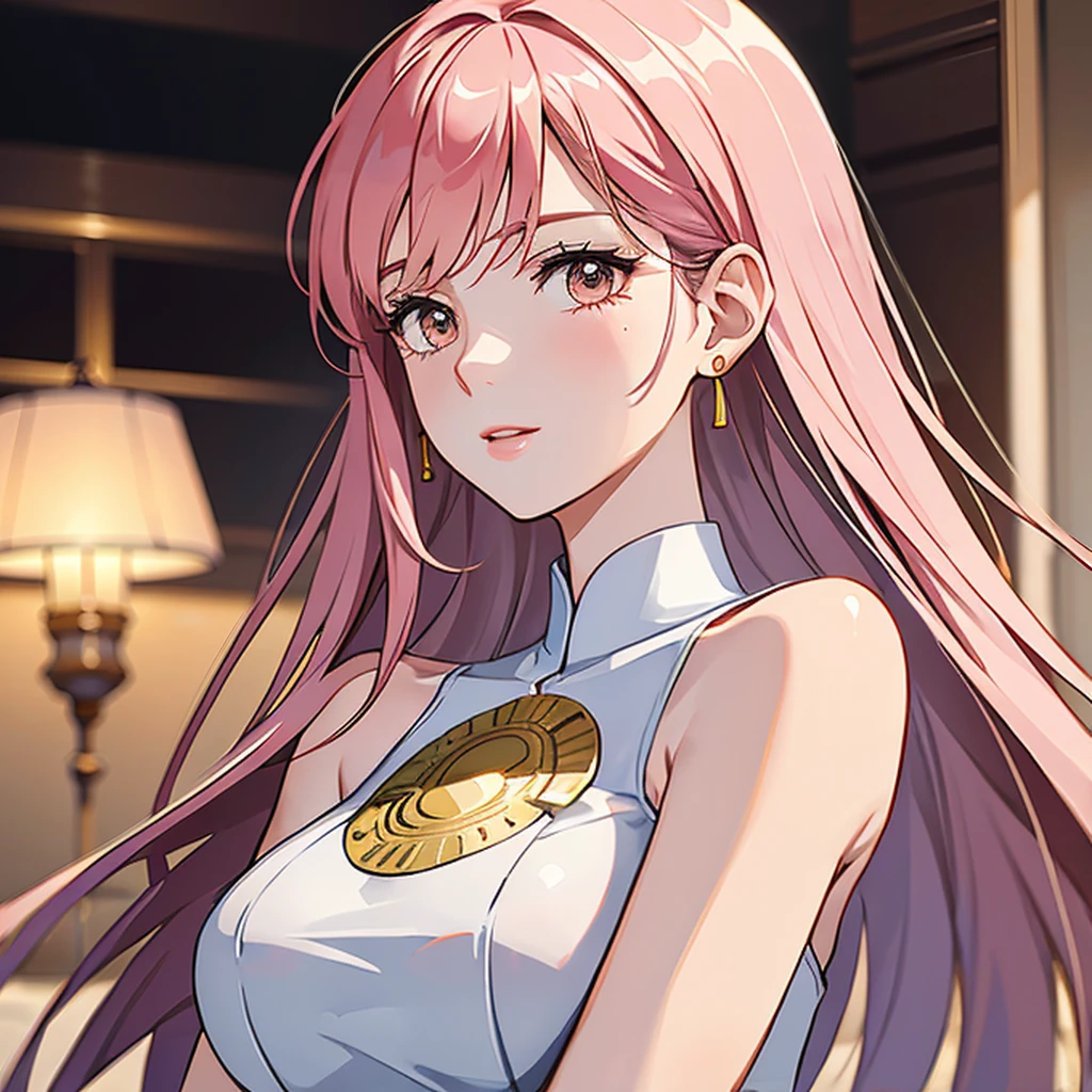 (masterpiece, high quality, 4k, 8k:1.4), 1girl, solo, pink hair, brown eyes, double-parted bangs, long hair, (mature female, mature:1.2), mole under eye, earrings, white flowy dress, close up, detailed face, beautiful detailed brown eyes, extremely detailed face, long eyelashes, intricate details, soft lighting, warm color palette, indoors