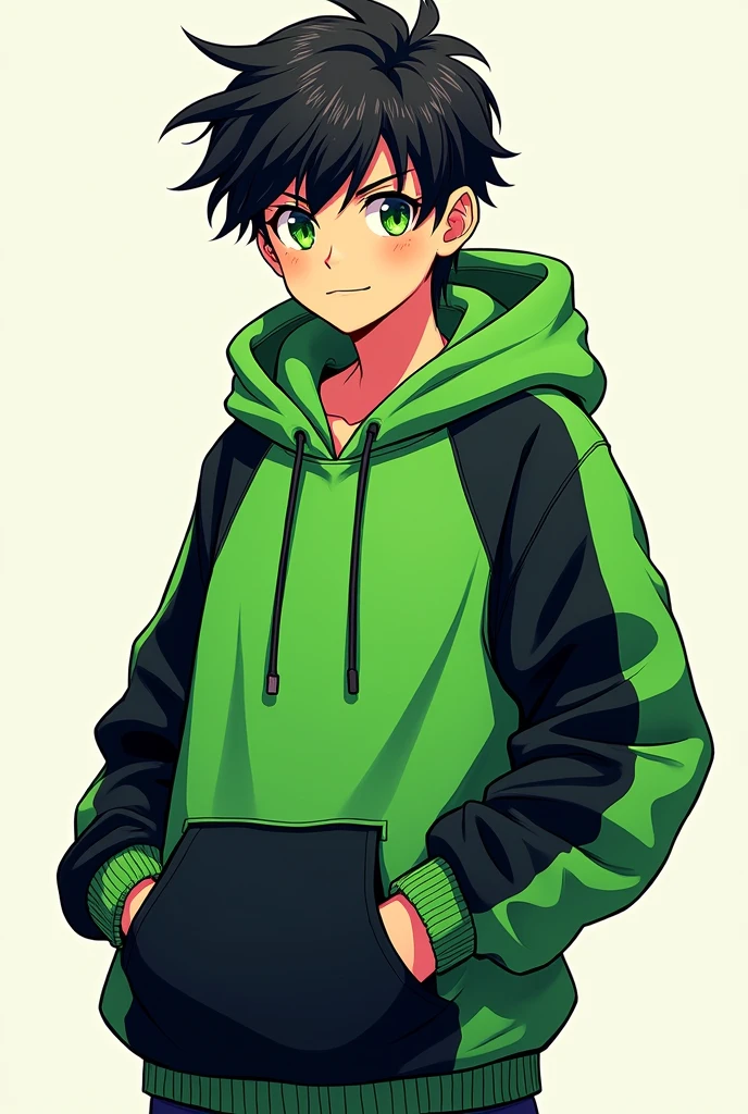 Create a character,of -17,wears hoodie,colours used should be vibrant.the art syle should be simple.Character should be a male and the art syleshould be 2d .The imageshould not look realistic.Make it look at the camera,the hoodie should be of green and black colour.Make it in manga style



