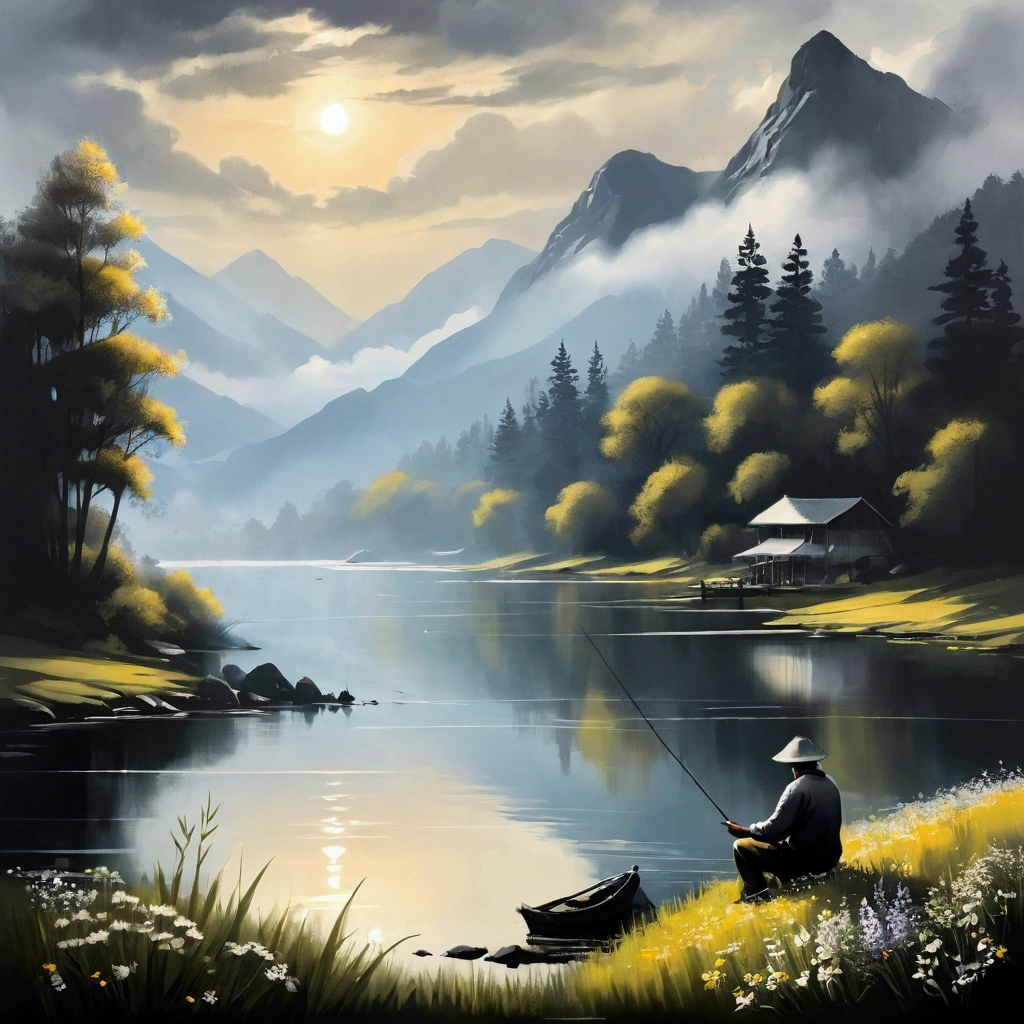 A peaceful lake,Calm waters,Mountains in the background,Misty atmosphere,Sunlight through the clouds,Wildflowers around the lake,A fisherman sitting on the shore fishing scene,Black and White, (Traditional ink painting), Natural Lighting,Tranquil scenery,Delicate brushstrokes,Superb composition,Elegant simplicity,stylized illustration, Smooth Shadows, meditative mood,masterpiece, best quality,