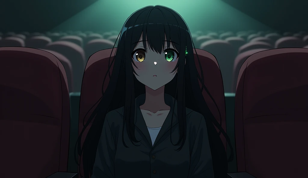 Anime 143 cm tall girl with long black hair with classic fringe bangs, sitting at a cinema with dim lighting, medium breast, wearing black long pants and a black jacket, The point of view is from the front, heterochromia; the right eye is brown and the left eyes are green, above left eyes is a thread of bangs colored green, blank stare, looking up, alone.
