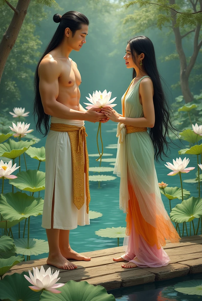 On a bridge in the middle of a beautiful white lotus pond, a handsome young man with long, beautiful black hair tied halfway down his head, wearing a white and gold sarong, a golden sash, fair skin, and a strong body of 3, is offering a beautiful white lotus to a beautiful, gentle young woman with long, flowing black hair, wearing a light green Dusit Thai dress, an orange and white sarong with pink highlights, and a white and gold shawl. The freshness of the lush green atmosphere of the lotus pond, an oil painting, a surreal painting, an art painting by Ajarn Chalermchai.