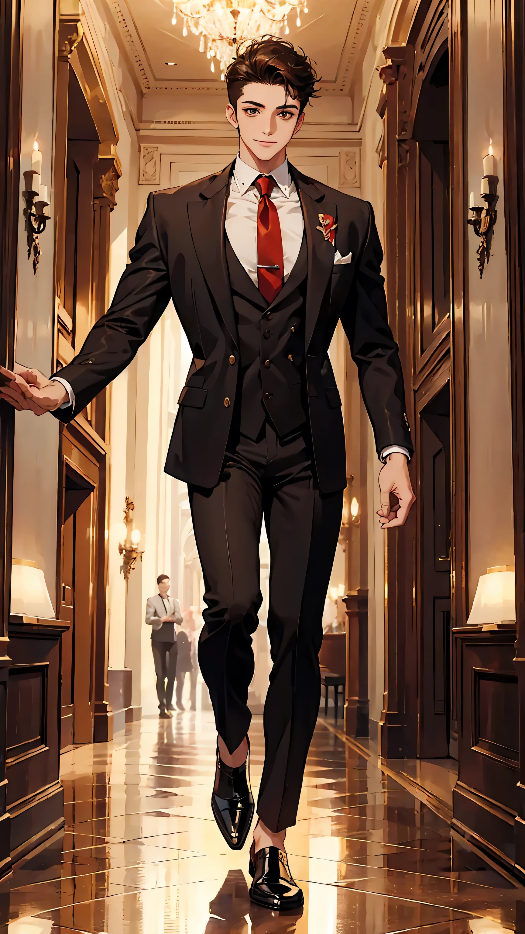 Masterpiece, best quality, 1boy english,Billy, 20 years old, very short hair, dark brown hair, brown eyes, v taper body, smile, muscular body, rough, happy, wearing a evening outfit, Red tie, Celebrities pose, BREAK ((full body shot:1.2)), ((frontal view :1.1)), ((morning, grand galà, rich, elegant ,) )