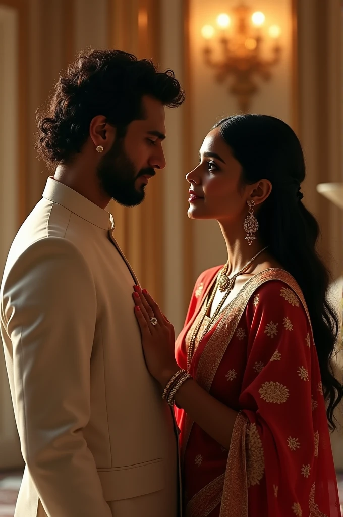 Create an image of an indian girl Saranya living in Valery Kogan's Caesara mansion putting her hands on mohammed bin salman chest and looking at his eyes.