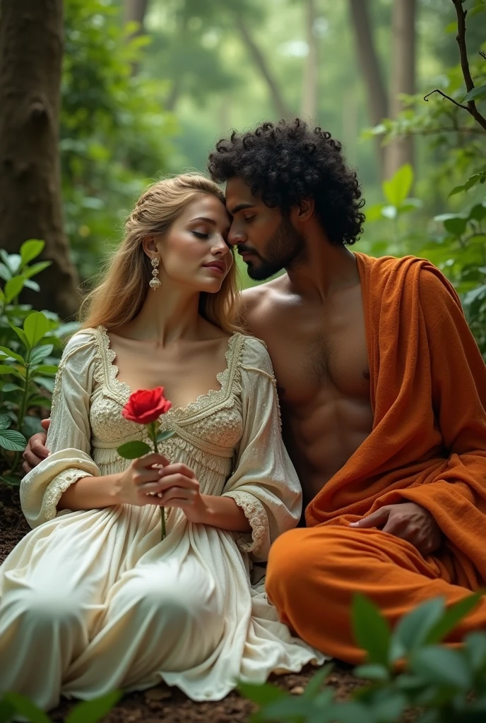In a beautiful forest a 20 year old blonde Portuguese girl wearing ancient royal Portuguese traditional white and chocolaty clothes is seen lying down with a rose in her hand next to a 23 year old Indian guy who is wearing nothing but orange clothes and an Indian orange dhoti while the surrounding environment is very beautiful sharp picture quality ultra 8k realistic picture