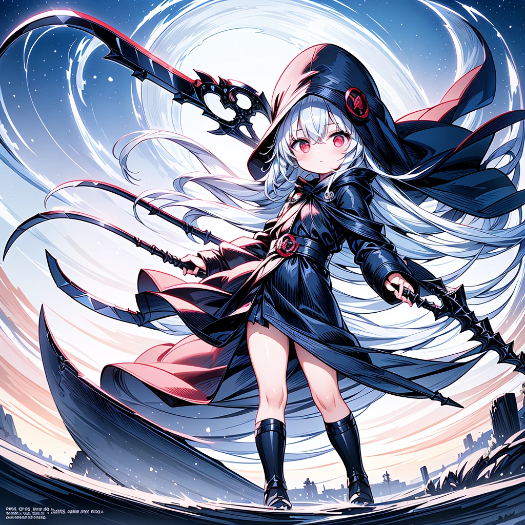 The cover image of the manga, Gray Grim Reaper Scythe, features a cute girl with waist-length white hair and ruby red eyes, standing in a beautiful pose holding a scythe The sickle has a single black handle.