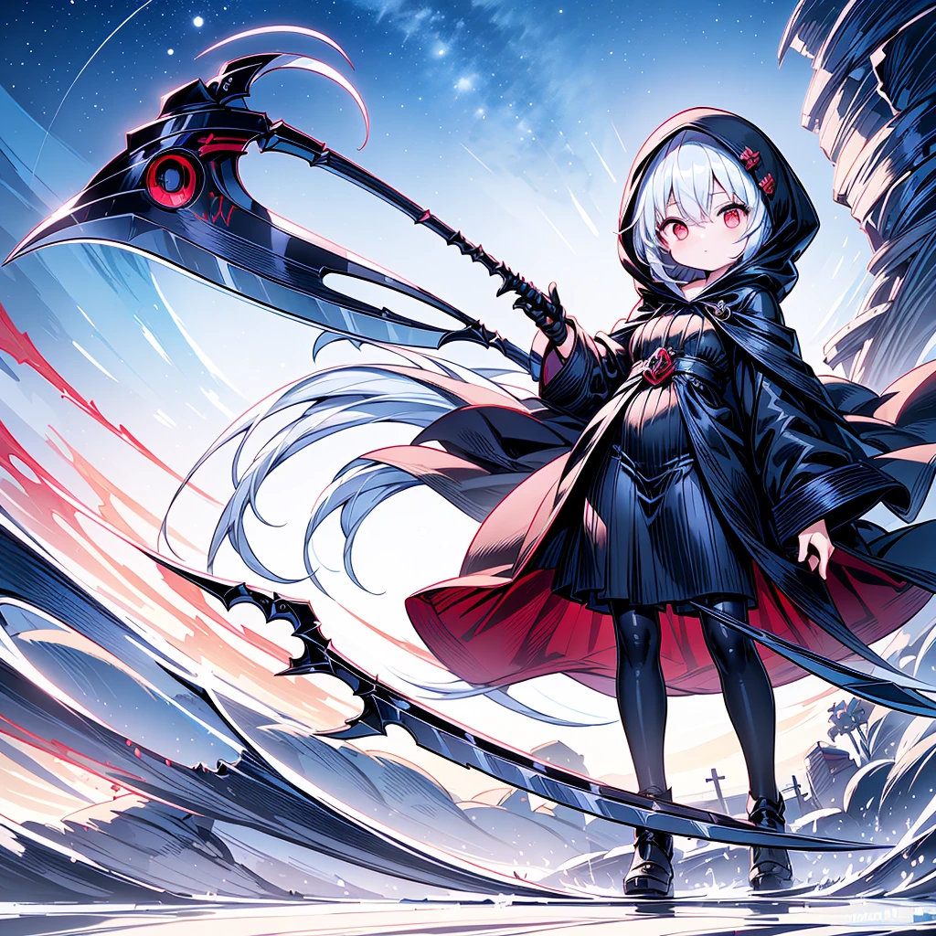 The cover image of the manga, Gray Grim Reaper Scythe, features a cute girl with waist-length white hair and ruby red eyes, standing in a beautiful pose holding a scythe The sickle has a single black handle.