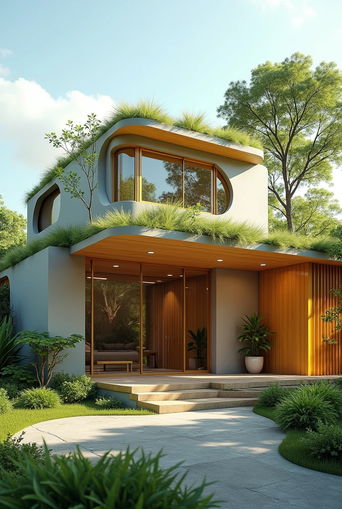{Subject: Futuristic smart home with integrated solar energy}
A photorealistic image of a futuristic smart home that seamlessly harnesses solar energy through panels integrated into the roof and windows. The home features a lush green roof with vegetation that provides insulation and enhances energy efficiency. The solar panels are ingeniously integrated into the architecture, possibly doubling as digital displays or components of a rainwater harvesting system. The green roof is equipped with a smart irrigation system that utilizes recycled greywater and adjusts based on real-time weather data. The design blends earthy tones with solar-inspired yellows and light blues, reflecting a harmonious fusion of modern technology and nature.
{Image Type: Photorealistic}
A modern, sustainable aesthetic that highlights the seamless integration of solar technology and natural elements within the architecture. The image emphasizes the clean lines, organic forms, and the use of sustainable materials like bamboo and recycled composites.
{Art Style Keywords: Photorealistic, Modern Architecture, Sustainable Design, Solar Energy, Green Roof}
{Lighting: Soft, natural lighting}
Soft, natural lighting enhances the earthy tones and solar-inspired accents, bringing out the textures of the sustainable materials and the greenery on the roof.
{Camera and Shot Details: High-resolution, wide-angle shot}
A high-resolution, wide-angle shot captures the full view of the smart home, showcasing the integrated solar panels, the green roof, and the modern architectural design.
{Render: Ultra-detailed, 4K resolution}
An ultra-detailed render in 4K resolution ensures that every aspect of the smart home, from the solar panels to the green roof, is depicted with clarity and precision.