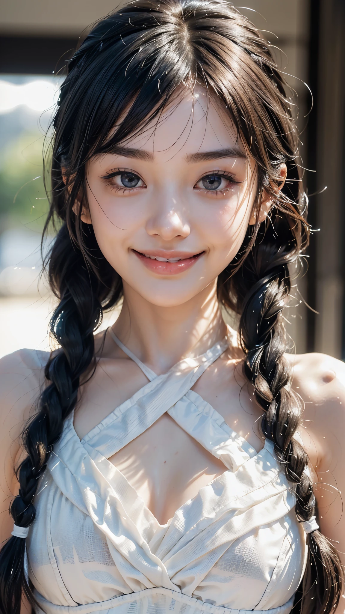 (Beautiful Woman Photo)
(Mastepiece:1.3)Beautiful Japanese girl,((smile:1.4)),Beautiful face,(Lifelike face),Beautiful delicate eyes,((White one piece dress)),Realistic eyes,Beautiful skin,Realistic skin texture(Real Skin)Radiant Skin,Professional Lighting,((Jet black shiny twin tail braid)),((Short bangs)),,Mid-chest,High resolution,Sharp Focus,Ultra high definition eyes,