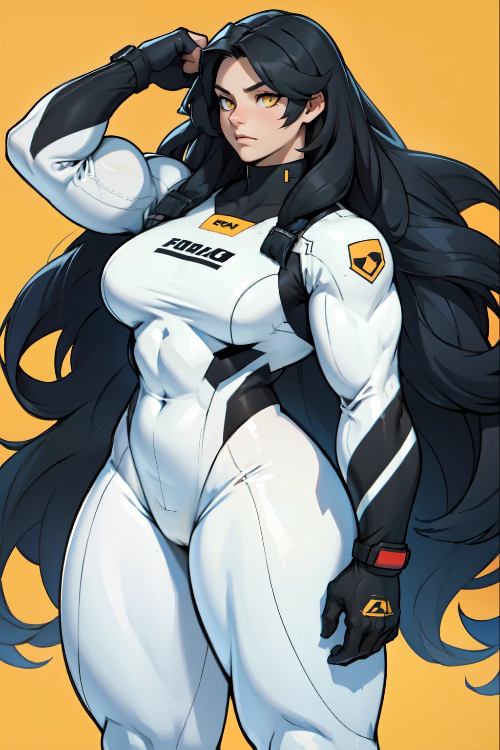 pale skin solo 1 girl black hair yellow eyes angry very long hair dark atmosphere ((huge breasts bodybuilder toned body muscular)) white skinsuit