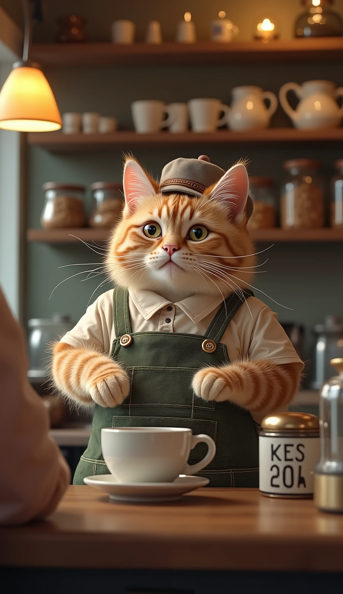 Photorealistic, 64K, newspaper photo\(A chubby cat working as a barista in a cozy café, making coffee and serving customers with a tiny apron and hat\), perfect fingers