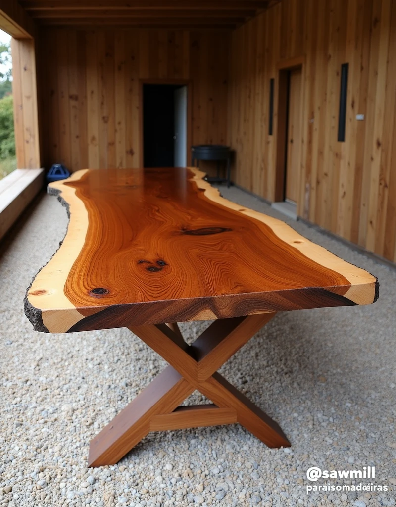 The picture shows a beautiful table made of wood, with a high gloss finish that highlights the natural texture and grain of the wood. The table surface displays a rustic and organic pattern with tones ranging from dark to light browns., almost golden, which highlights the natural beauty of the material.
The table appears to be made from a single piece of wood., preserving the natural edge of the tree, which gives a handmade and exclusive touch to the furniture. The base of the table is formed by crossed legs, also made of wood, with visible metal screws that guarantee the robustness of the structure.
The environment around the table includes a wooden structure in the background, which appears to be part of a sawmill or carpentry workshop, with doors and walls made of wooden planks. The ground is covered with a layer of small, irregular stones. The light falling on the table highlights the shine of the finish, showing the care taken in making the piece.
Furthermore, there is a watermark on the image with the text "@sawmillparaisomadeiras", which may be related to the name of the sawmill or the craftsman responsible for creating the piece.