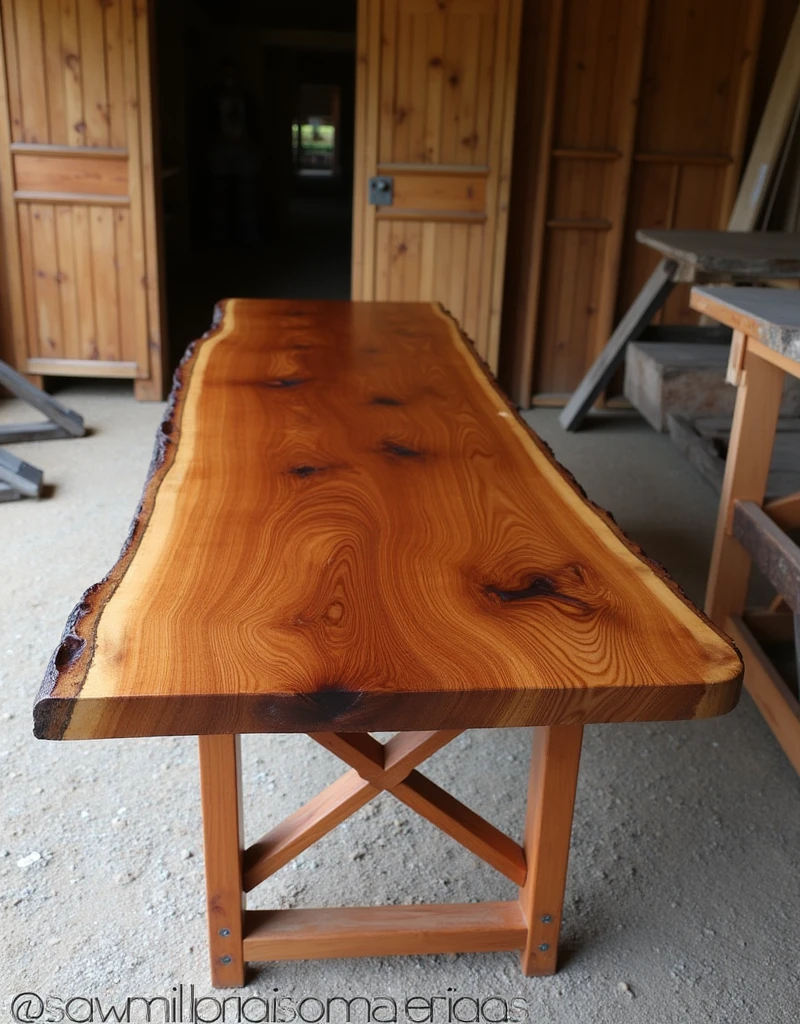 The picture shows a beautiful table made of wood, with a high gloss finish that highlights the natural texture and grain of the wood. The table surface displays a rustic and organic pattern with tones ranging from dark to light browns., almost golden, which highlights the natural beauty of the material.
The table appears to be made from a single piece of wood., preserving the natural edge of the tree, which gives a handmade and exclusive touch to the furniture. The base of the table is formed by crossed legs, also made of wood, with visible metal screws that guarantee the robustness of the structure.
The environment around the table includes a wooden structure in the background, which appears to be part of a sawmill or carpentry workshop, with doors and walls made of wooden planks. The ground is covered with a layer of small, irregular stones. The light falling on the table highlights the shine of the finish, showing the care taken in making the piece.
Furthermore, there is a watermark on the image with the text "@sawmillparaisomadeiras", which may be related to the name of the sawmill or the craftsman responsible for creating the piece.