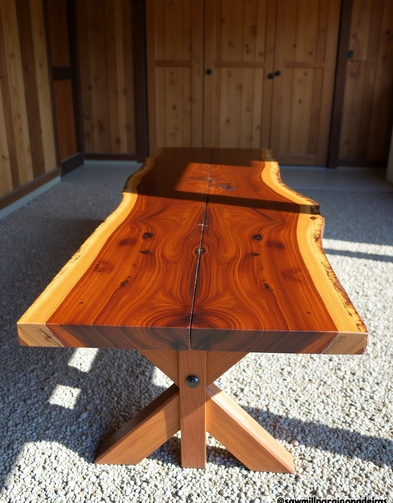 The picture shows a beautiful table made of wood, with a high gloss finish that highlights the natural texture and grain of the wood. The table surface displays a rustic and organic pattern with tones ranging from dark to light browns., almost golden, which highlights the natural beauty of the material.
The table appears to be made from a single piece of wood., preserving the natural edge of the tree, which gives a handmade and exclusive touch to the furniture. The base of the table is formed by crossed legs, also made of wood, with visible metal screws that guarantee the robustness of the structure.
The environment around the table includes a wooden structure in the background, which appears to be part of a sawmill or carpentry workshop, with doors and walls made of wooden planks. The ground is covered with a layer of small, irregular stones. The light falling on the table highlights the shine of the finish, showing the care taken in making the piece.
Furthermore, there is a watermark on the image with the text "@sawmillparaisomadeiras", which may be related to the name of the sawmill or the craftsman responsible for creating the piece.