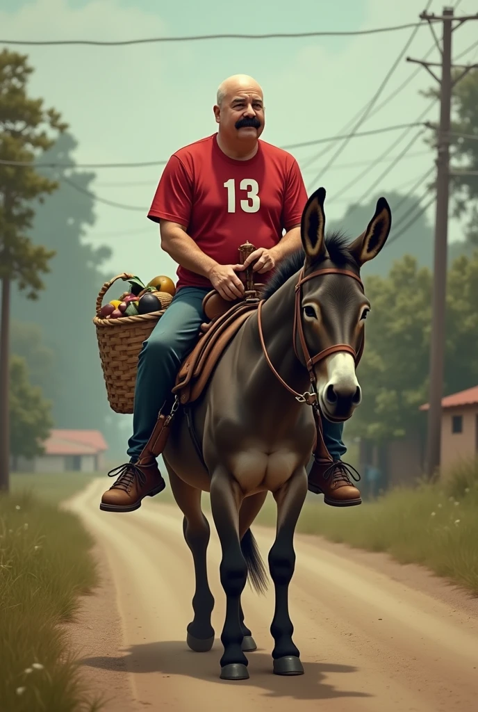 Create an image of a mayor with a red shirt with the number 13 on it, bald and with a mustache, leaving on a donkey with a saddle and a basket after having lost the election