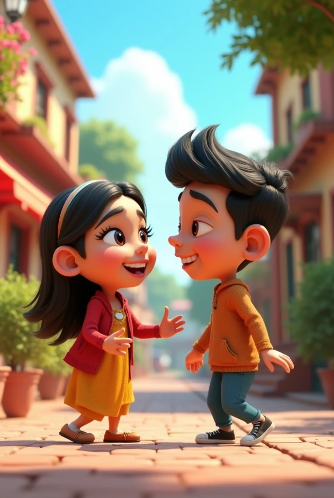 In cenamatic 3d cartoon style "Muskan and Aryan walking together through the village, now engaged in a lively conversation. They are smiling, with Muskan gesturing animatedly as Aryan listens intently."
