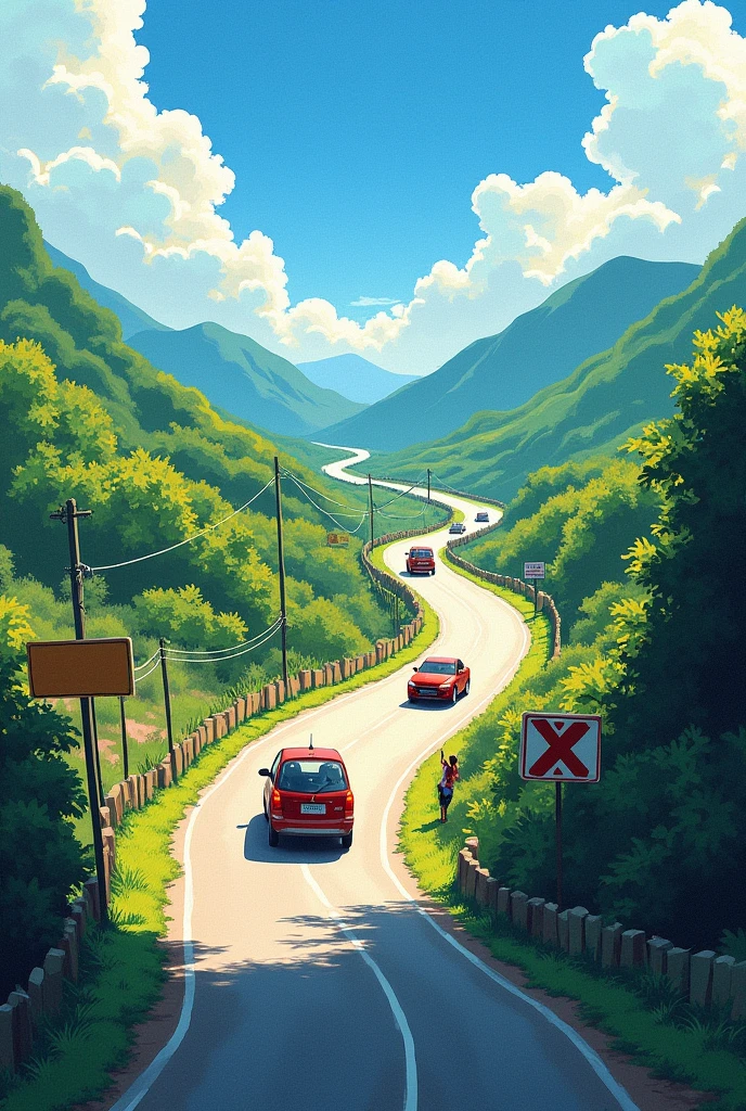 Give me a 2d image of a road, moderately lively