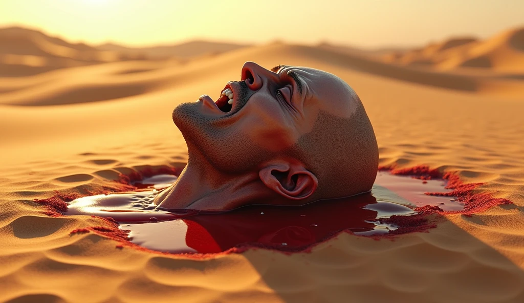 A highly realistic, high-contrast, 8K HD, detailed, hyper-detailed image of a severed head lying on the sand in a desert. The head appears to have been recently cut off by a sword, with a clean cut at the neck. The surrounding sand is stained with fresh blood, adding to the grim atmosphere. The scene is set against the backdrop of a vast desert landscape, with the golden light of the setting sun casting long shadows and adding a warm glow to the sand. The image is of the highest quality, with ultra-high resolution, RAW photo quality, and Unreal Engine rendering, capturing the stark and brutal reality of the aftermath of battle in the desert